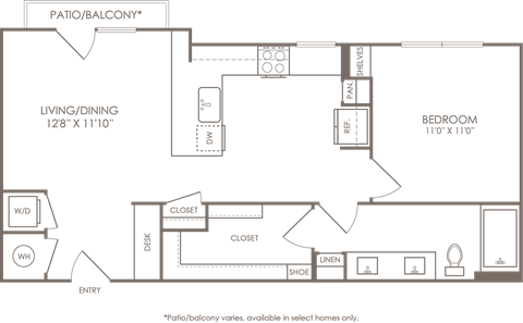 Floor plan for 1 bed, 1 bath, 766 sqft